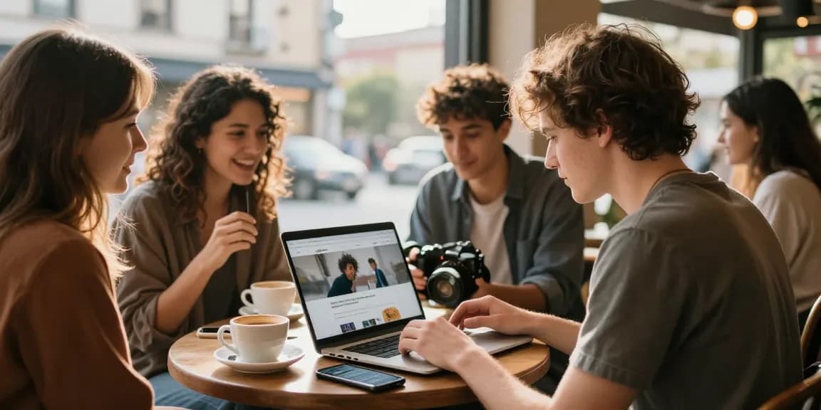 Young adult exploring NSFW content on laptop in urban café, surrounded by friends.