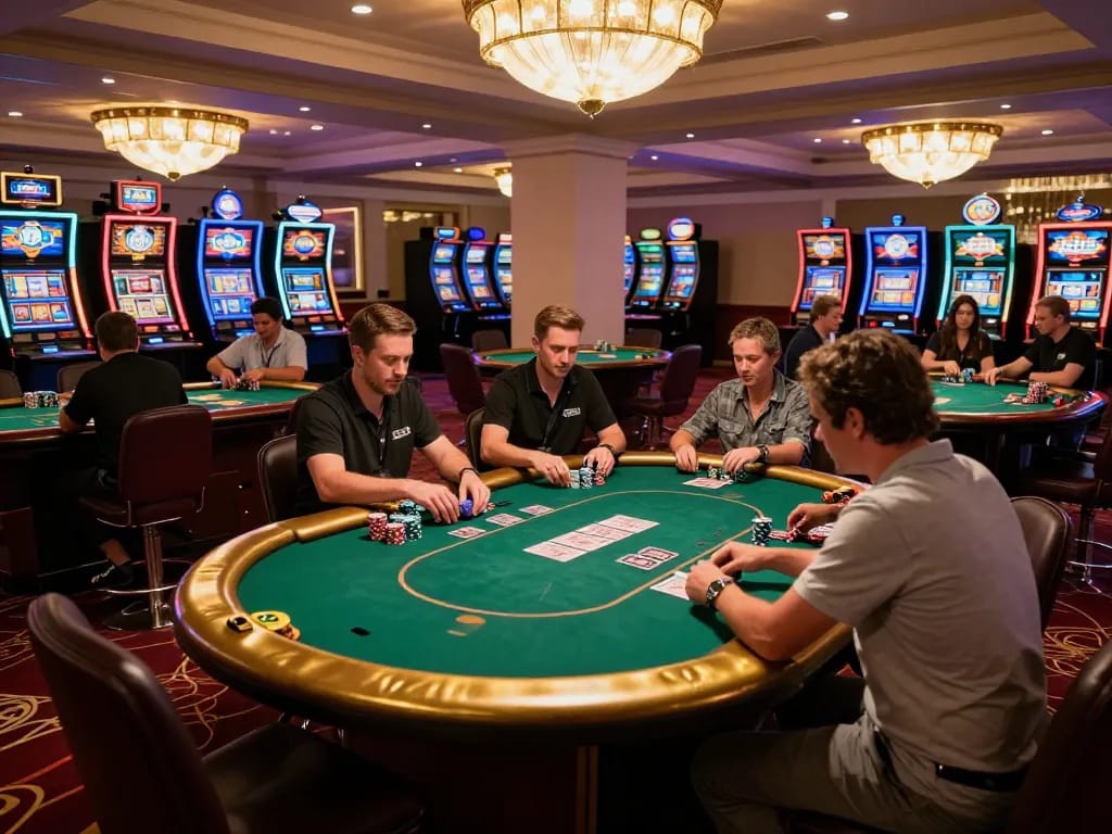Players enjoy poker excitement at King33 casino with vibrant atmosphere.