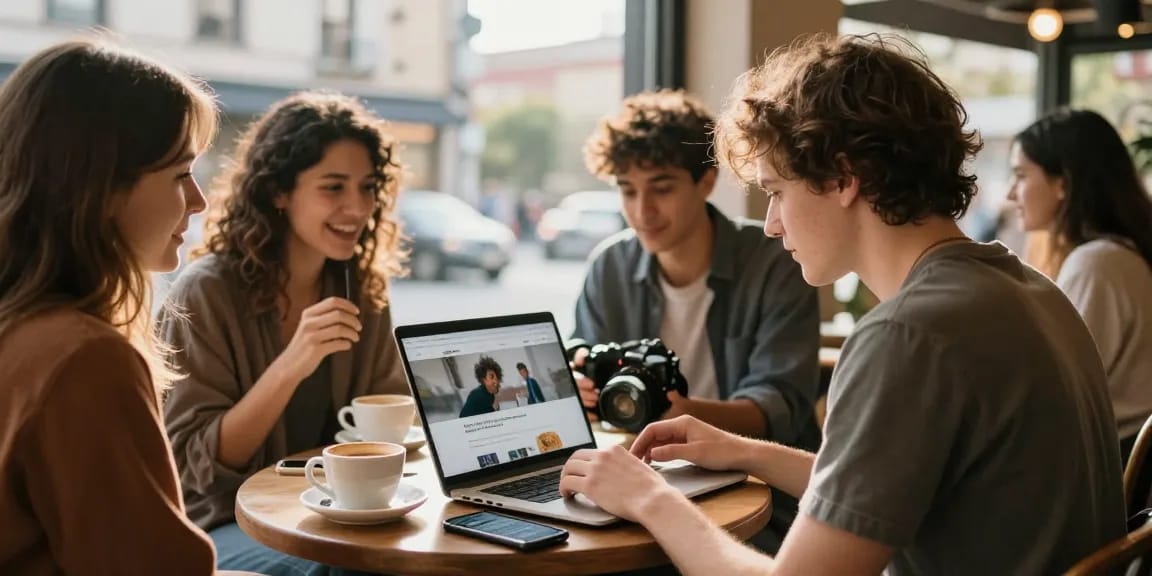 Young adult exploring NSFW content on laptop in urban café, surrounded by friends.