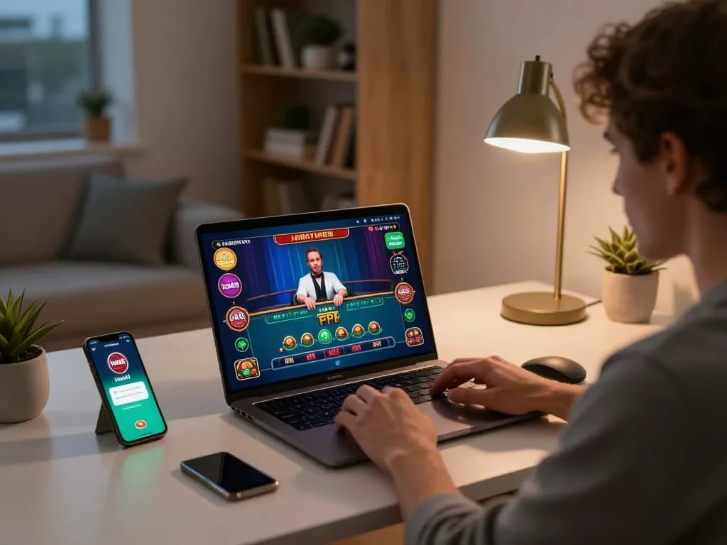 Player engaging with live dealer games on hm88 casino app in a modern, warm home setup.