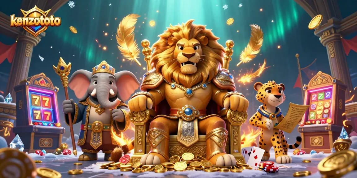 Kenzototo players winning big in a thrilling 3D casino scene with a fierce lion king, elephant advisor, and cheetah messenger.