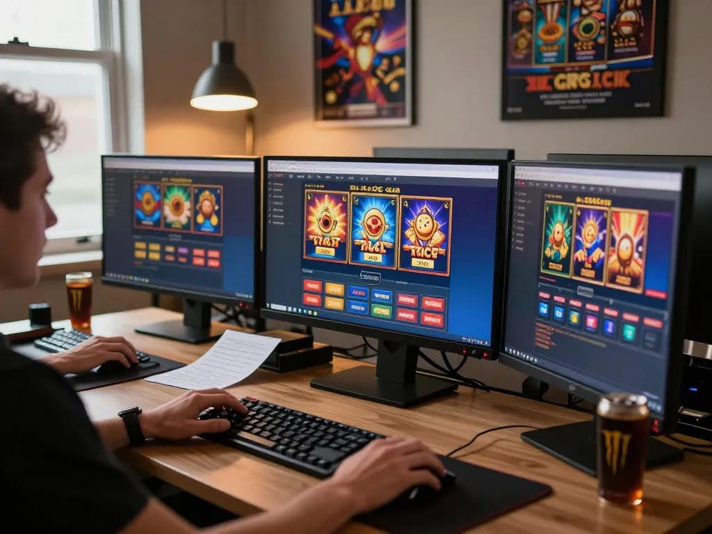 SlotsGG online gaming setup with multiple screens showcasing exciting gameplay, enhancing bankroll management strategies.