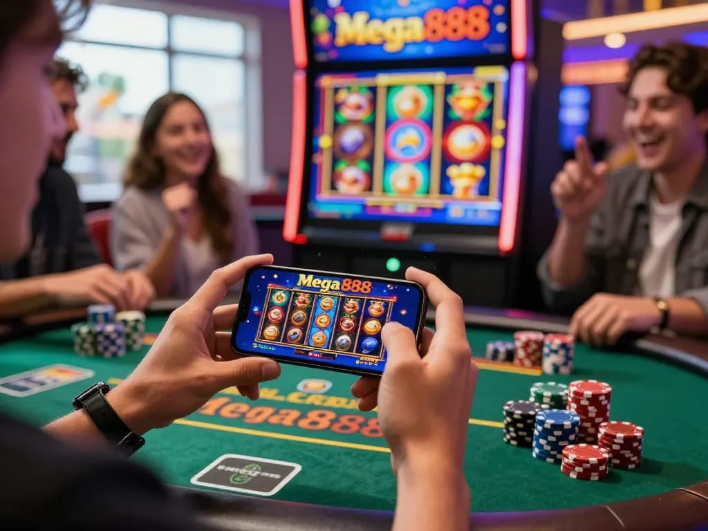 Enjoying free credit mega888 while playing slots on a smartphone in a lively casino scene.