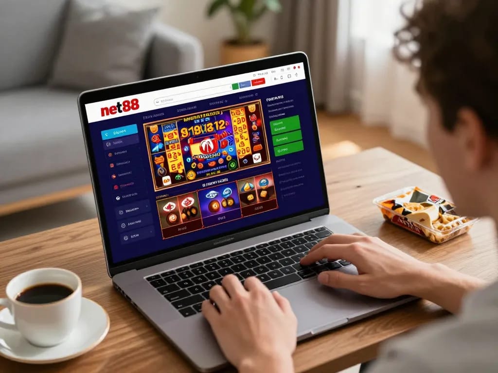 Engaging net88 online casino experience with live dealer games and vibrant slots on a laptop.