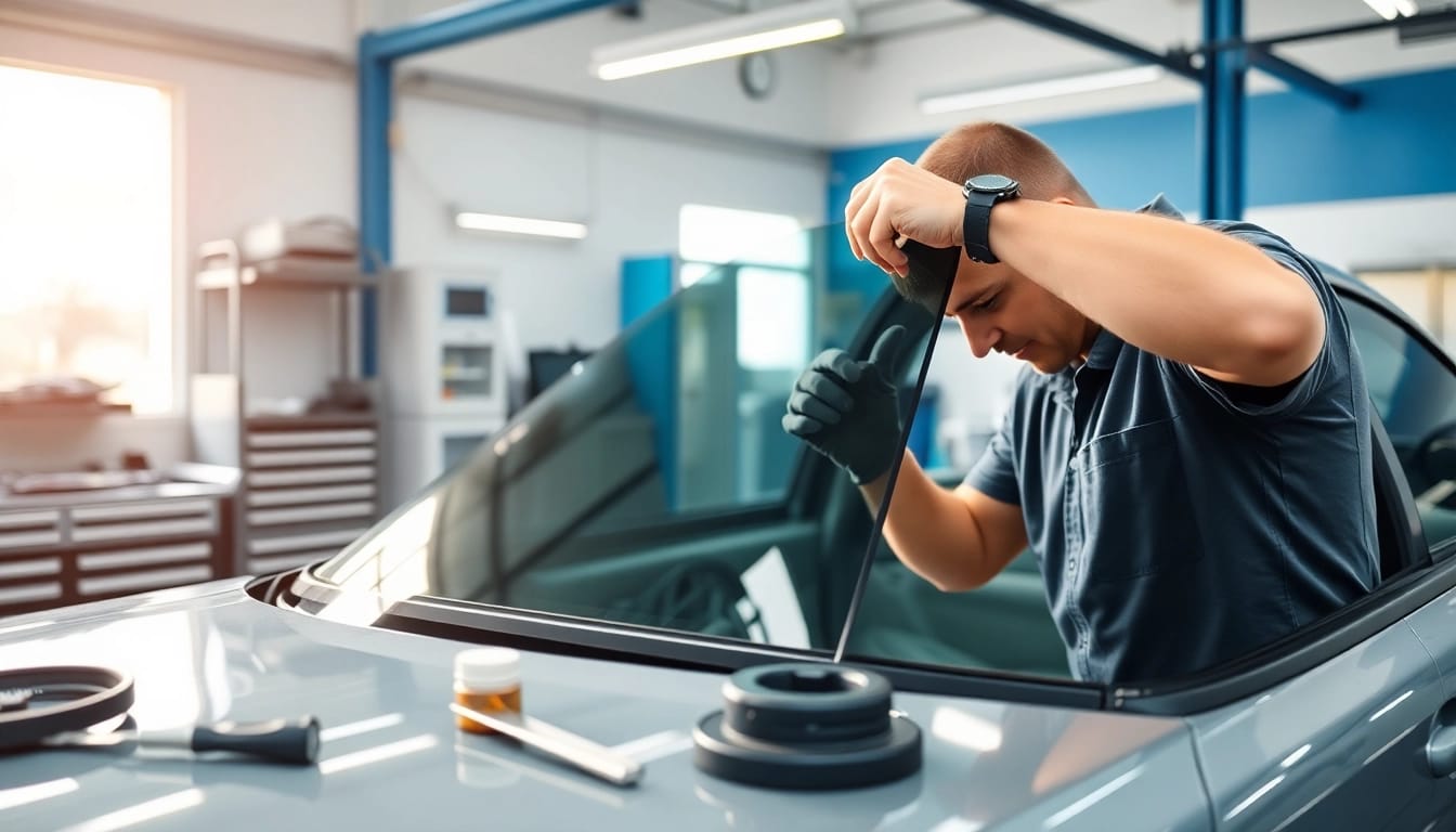 Experience top-quality auto window tint near me with a technician applying professional tint in a modern garage.