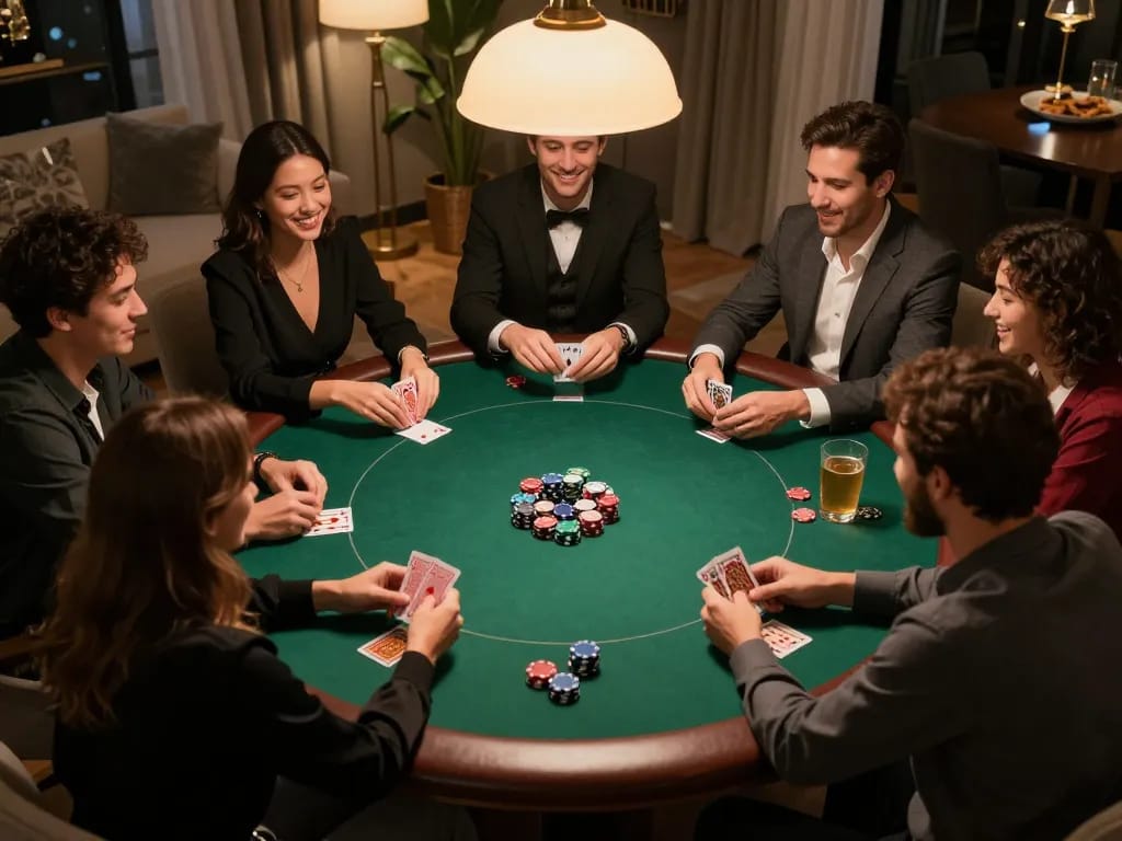 Engaging in friendly gameplay during poker night, participants enjoying a safe and entertaining experience with Liên hệ Luck8 readily accessible.