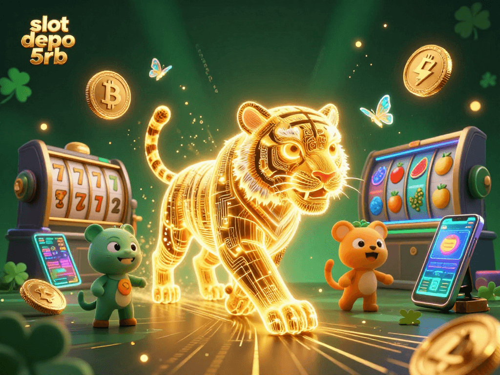 Engage in slot depo 5rb with vibrant casino-themed 3D illustration featuring a glowing tiger and digital elements.