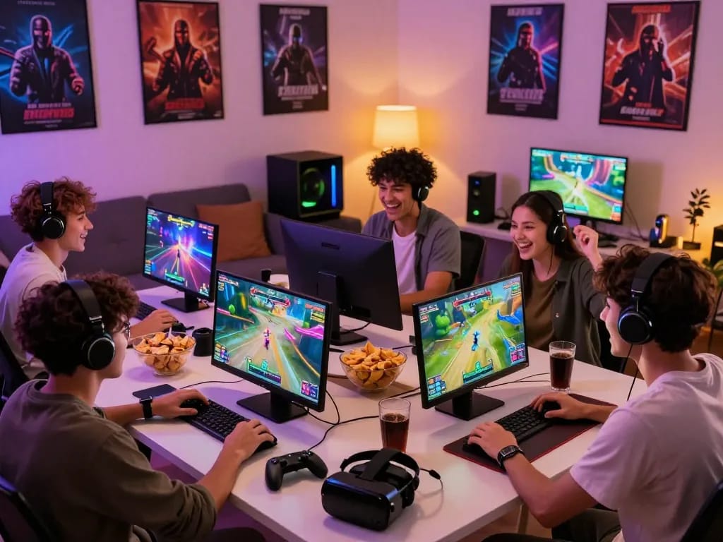 Diverse friends playing an exciting adult game together in a lively gaming setup.