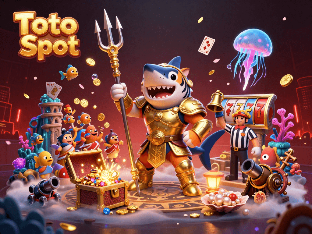 Toto Slot features a fierce tiger shark in gladiator armor in an underwater casino scene filled with treasure and excitement.