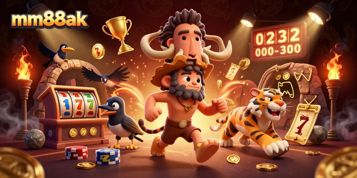 Play slots at mm88ak with animated cavemen and sabertooth tiger in a vibrant prehistoric casino scene.