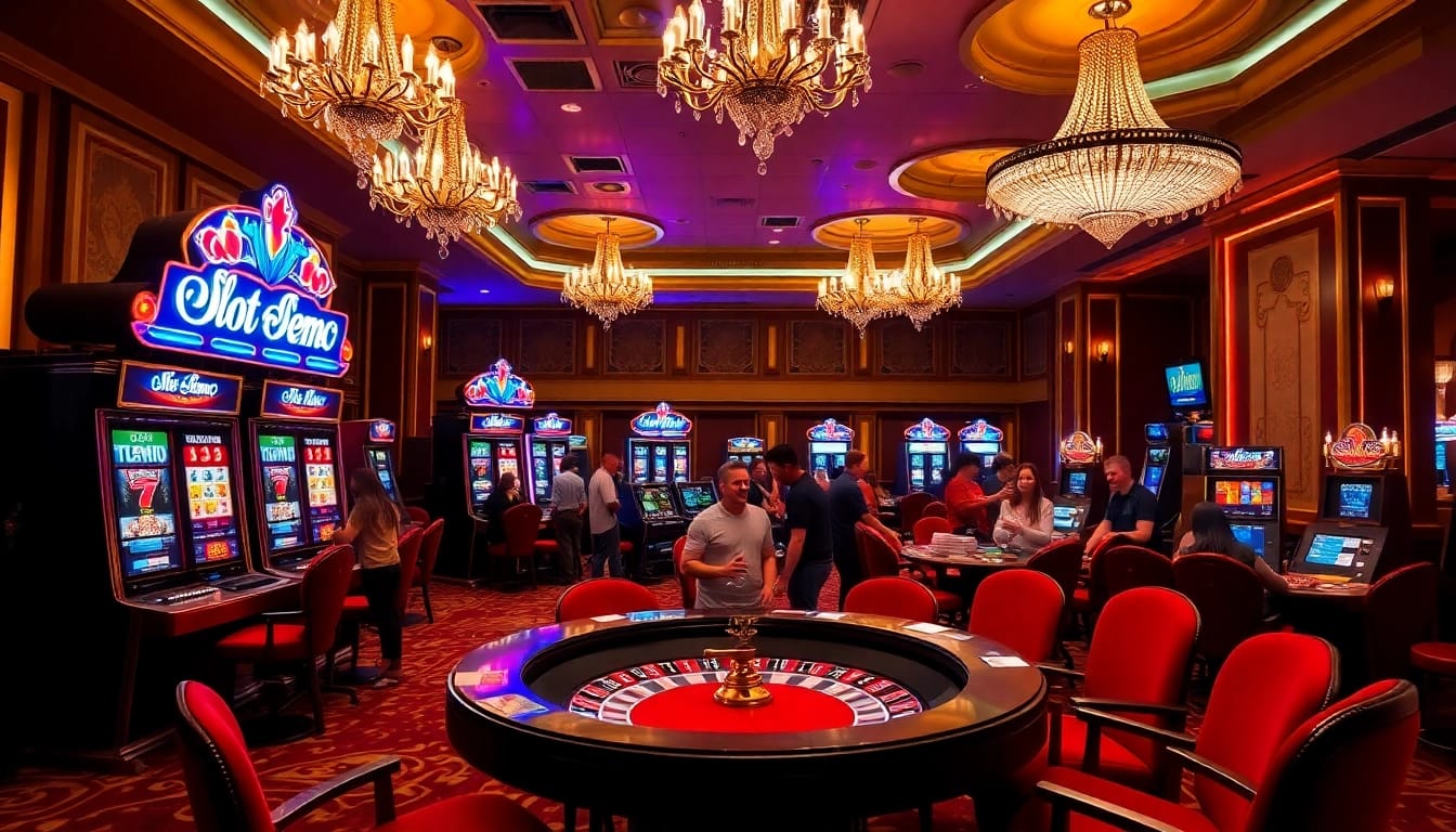 Experience the thrill of slot demo PG games, with vibrant casino machines and players engaging.