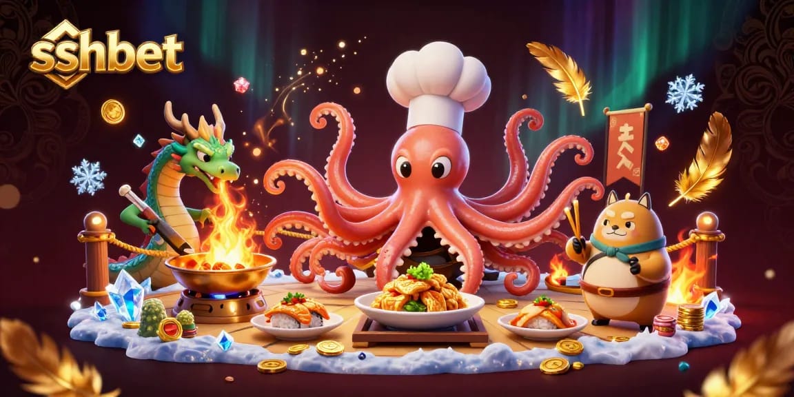 Experience thrilling moments at sshbet, featuring a dynamic scene with a cartoon octopus, dragon, and tanuki.