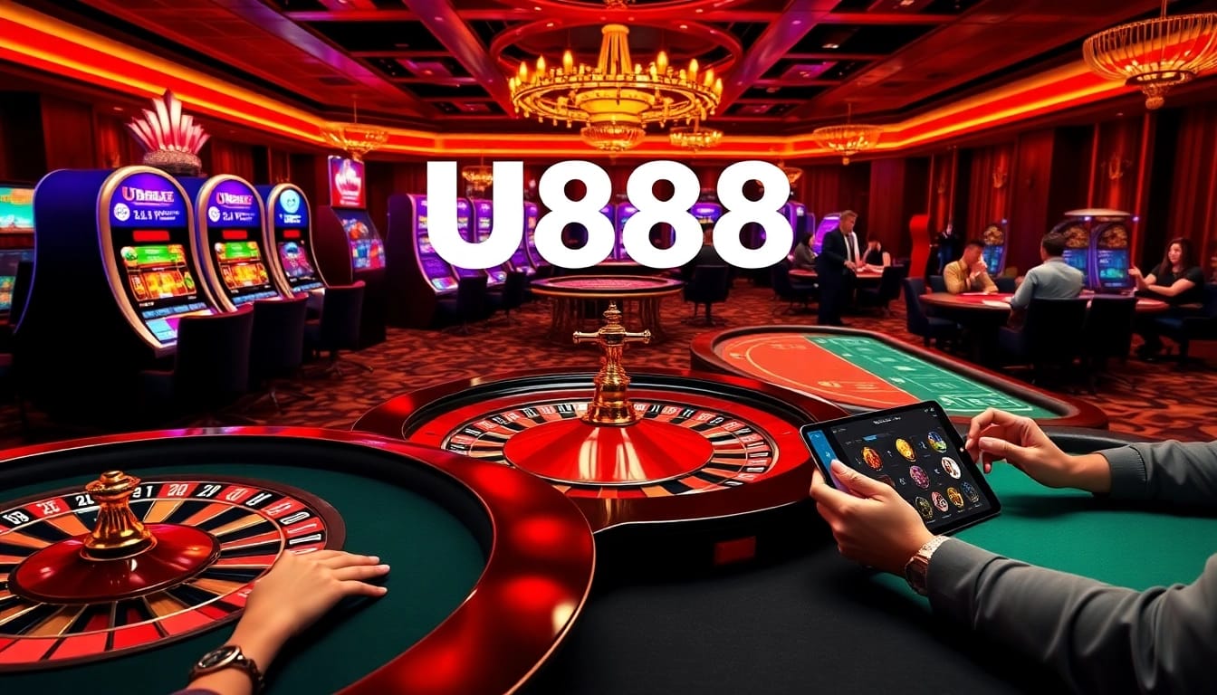 Players enjoying the U888 online casino experience with vibrant slots and poker tables.