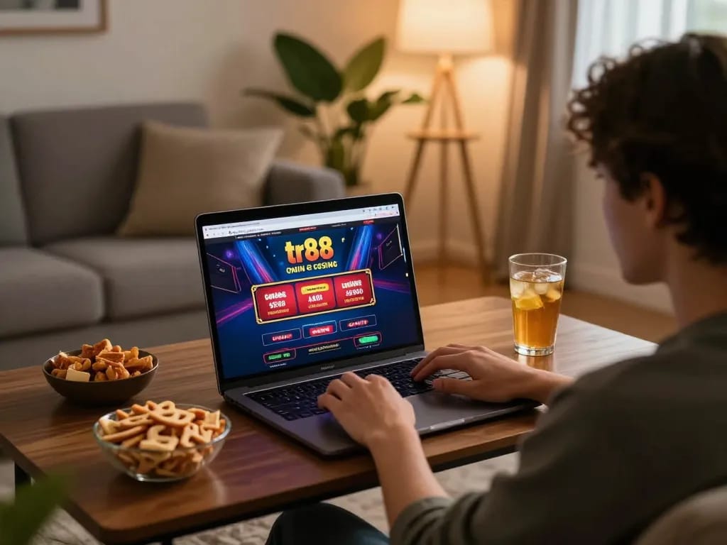 Engaging in tr88 online casino gameplay on a laptop in a cozy living room.