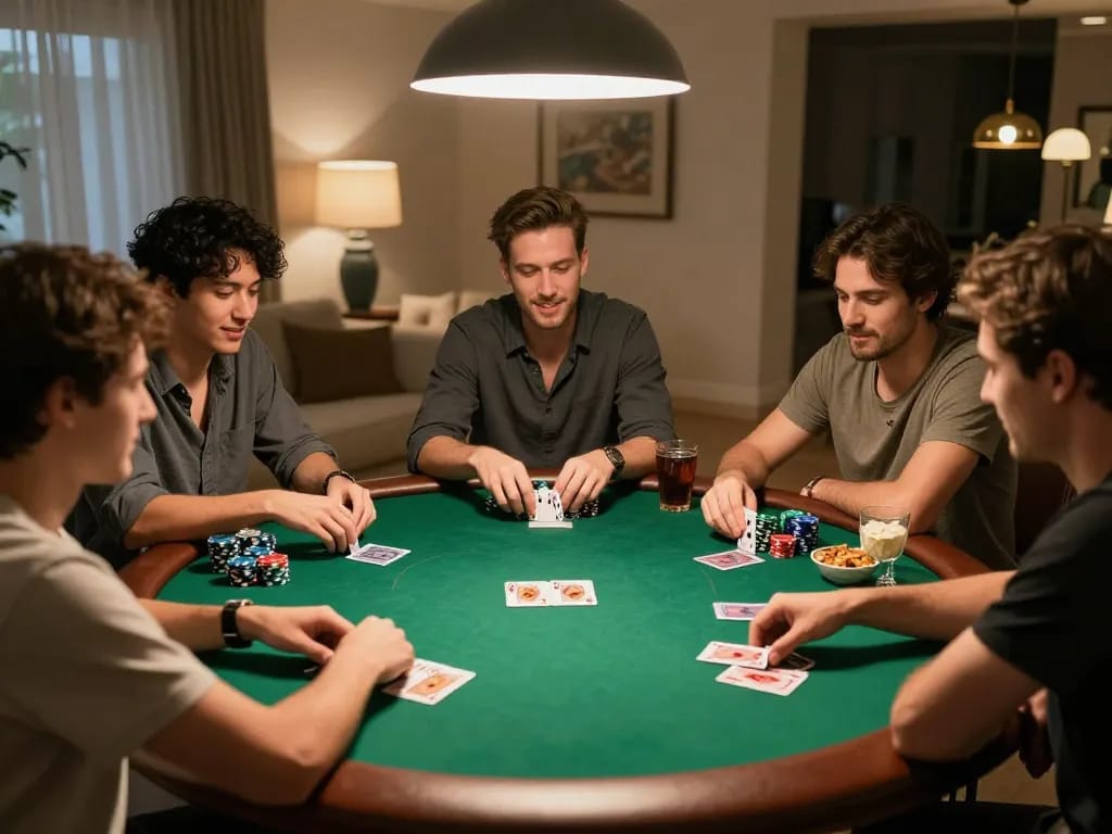 king33 players enjoy poker night at home, showcasing chips and cards during the game