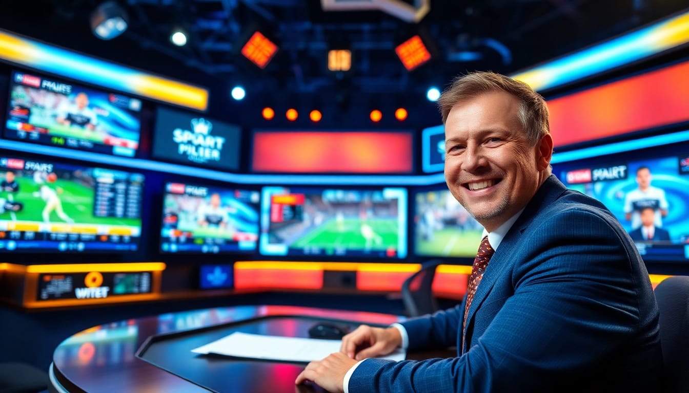 Dynamic sports broadcasting studio with an announcer engaging viewers while showcasing Sports Broadcasting technology.