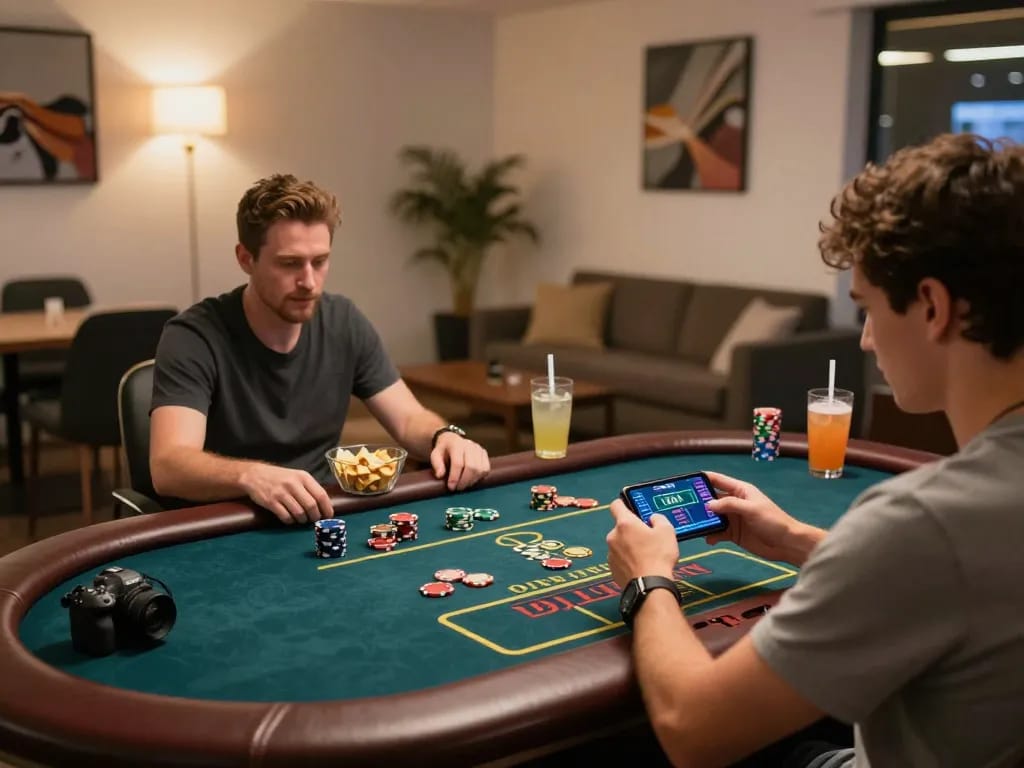 Engaged player on nk88 enjoying live dealer gaming on smartphone with cozy home setting.