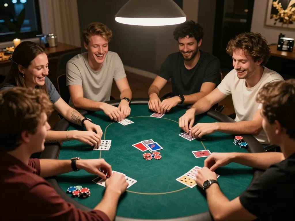 Friends enjoying a lively poker night at home, showcasing strategy and excitement in a social gaming atmosphere inclusive of ok365.