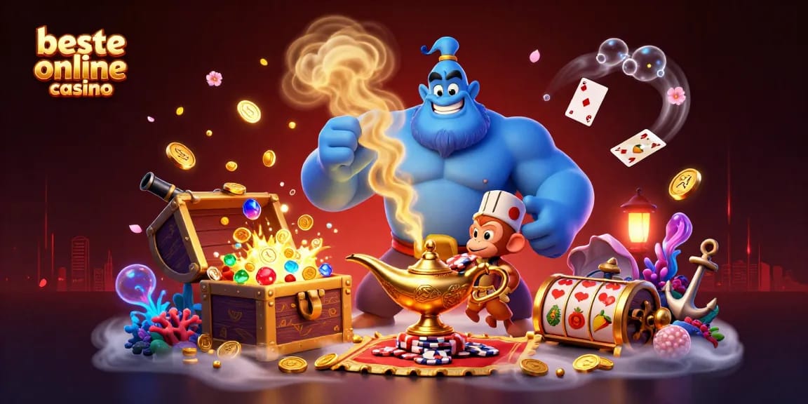 Engage with the beste online casino experience illustrated by a magical genie, poker chips, and gold coins.