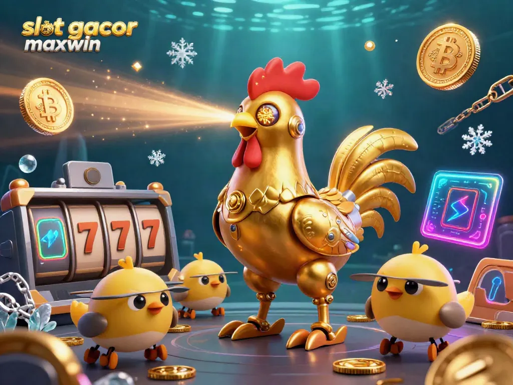 Spinning slot gacor maxwin dengan robot ayam emas futuristik dan drone anak ayam di sekitarnya.