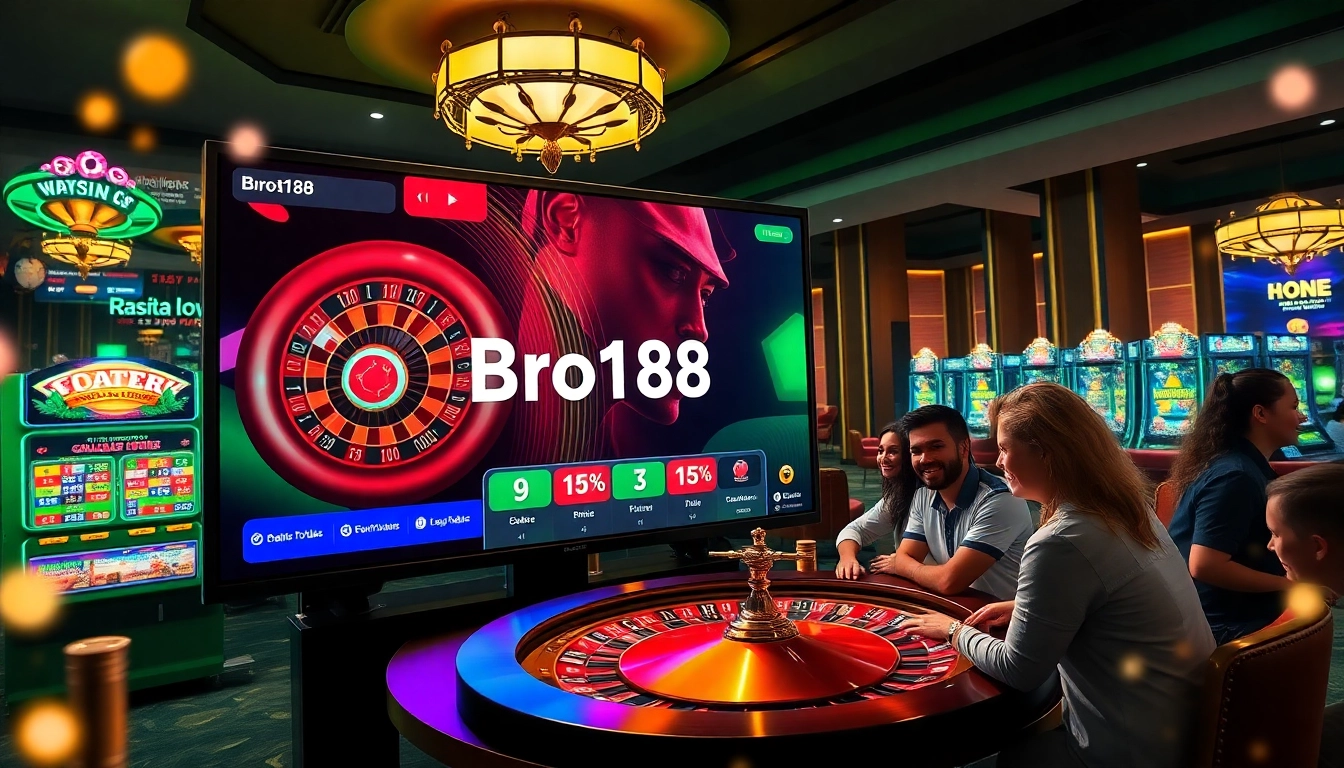 Players enjoying a thrilling Bro138 gaming experience with vibrant slot machines and roulette wheel.