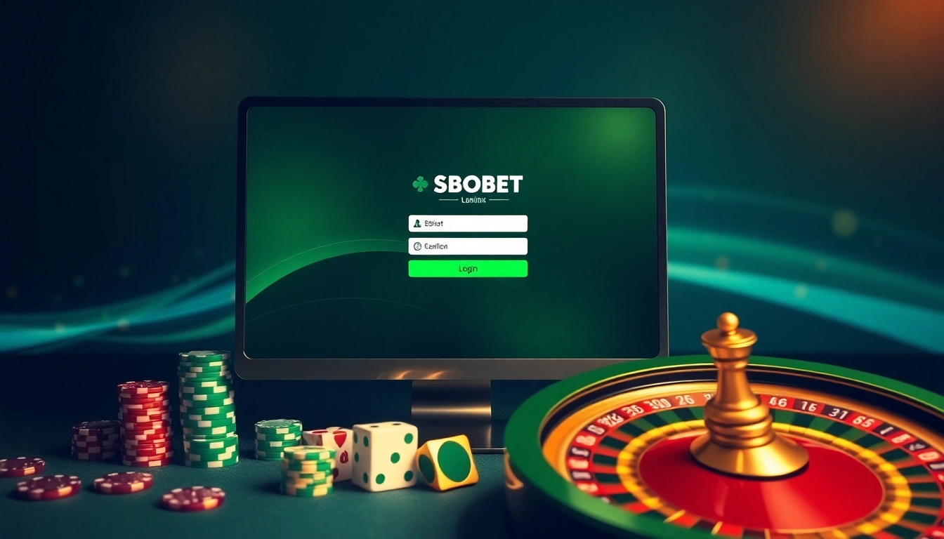 SBOBET login Indonesia interface set among luxurious casino elements like poker chips and roulette.