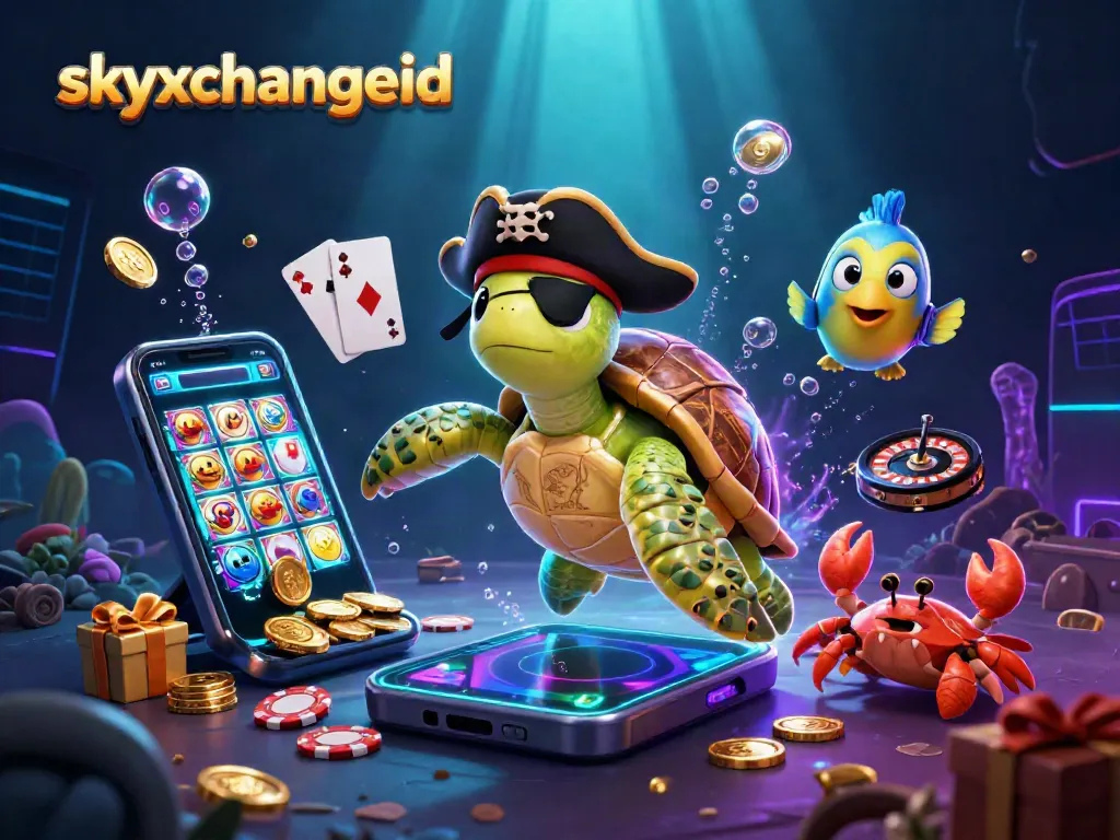 Engage with skyxchangeid as a vibrant 3D underwater casino scene featuring colorful characters and dynamic game elements.