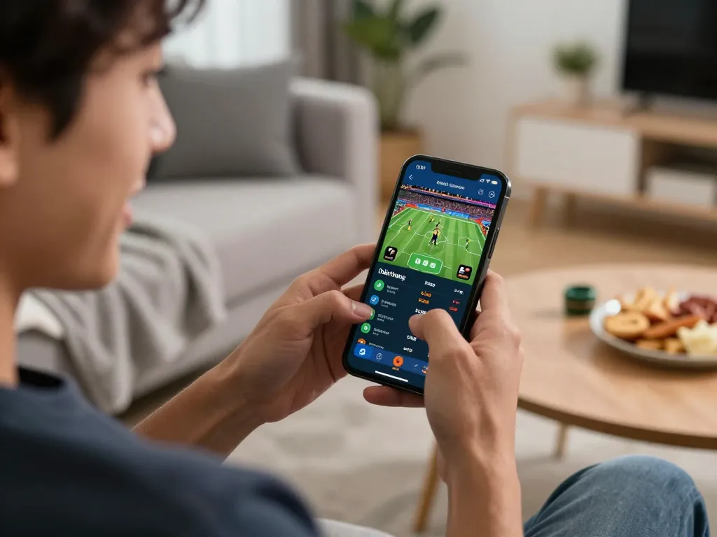 Terlibat dalam taruhan olahraga APK Ulat123 di ponsel dalam suasana ruang tamu yang nyaman