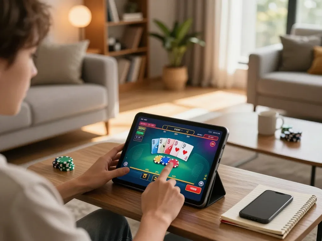 Engaging in online gaming at https://mm88.blog/ in a cozy living room with a tablet displaying casino games.
