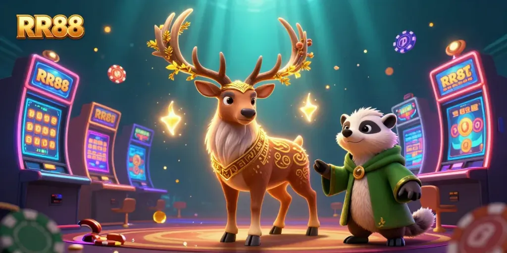 Experience thrilling gameplay at RR88 with a druid stag and badger in a lively casino atmosphere