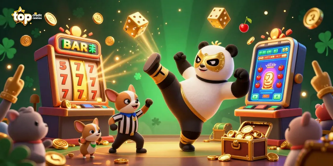 Experience the thrill at top credit card casinos with a lively 3D illustration of a wrestling panda and vibrant game elements.