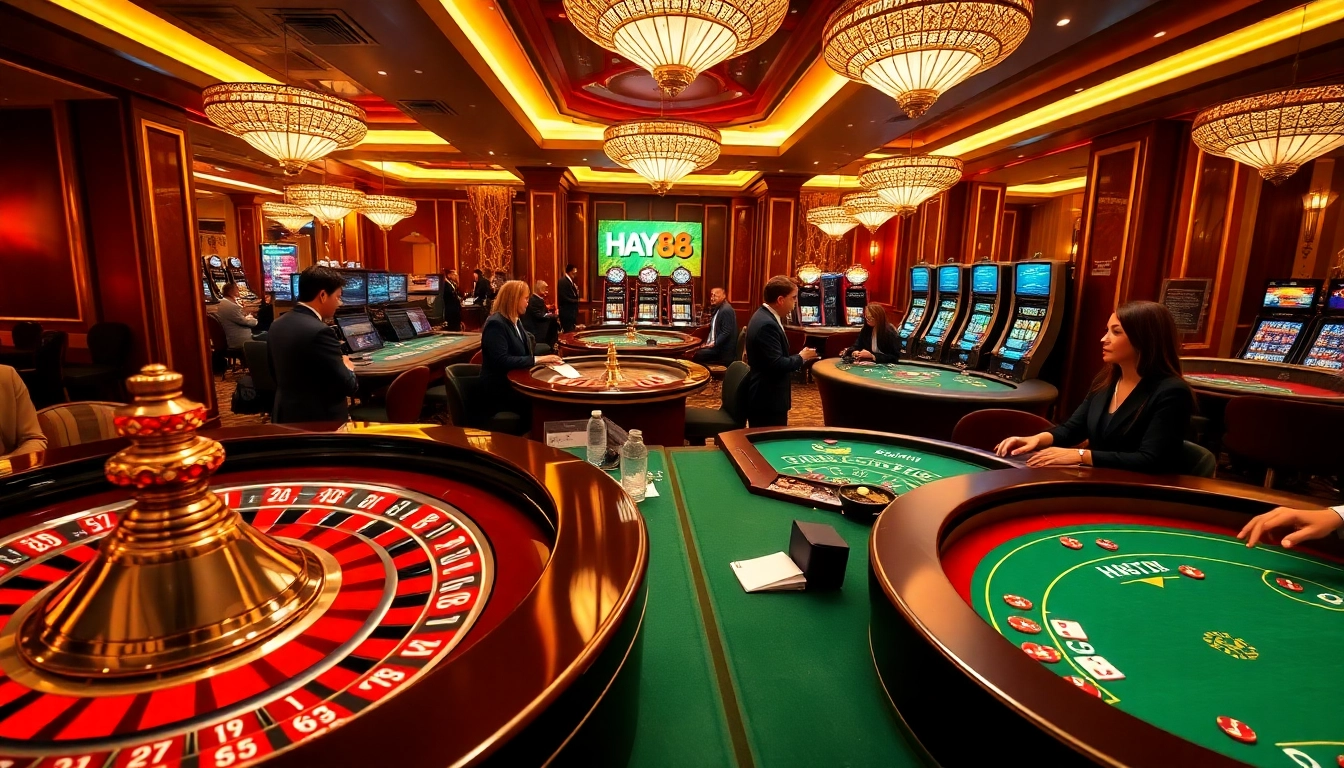Players engaging in thrilling games at HAY88 casino, featuring a glamorous atmosphere with tables and interactive interfaces.