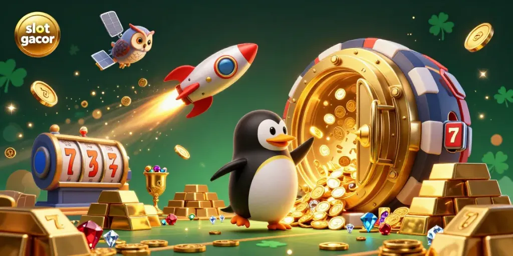 Penguin emas membawa keberuntungan dalam slot gacor, dikelilingi harta karun kasino.