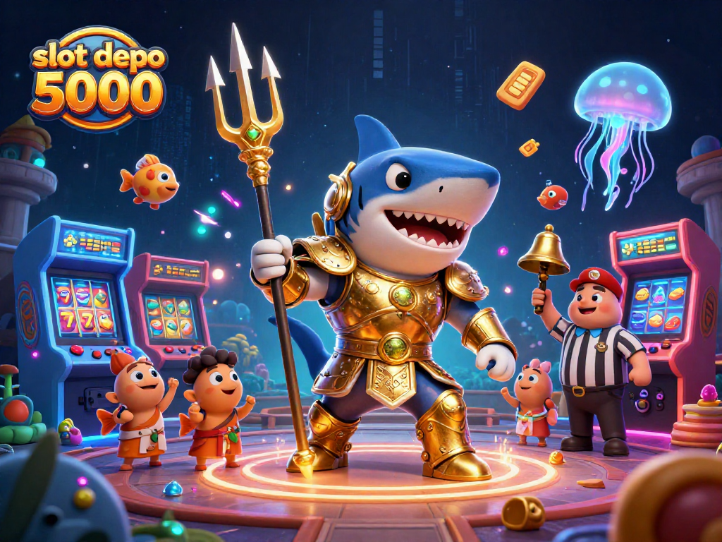 Engage with slot depo 5000 in a vibrant underwater scene featuring a tiger shark and arcade elements.