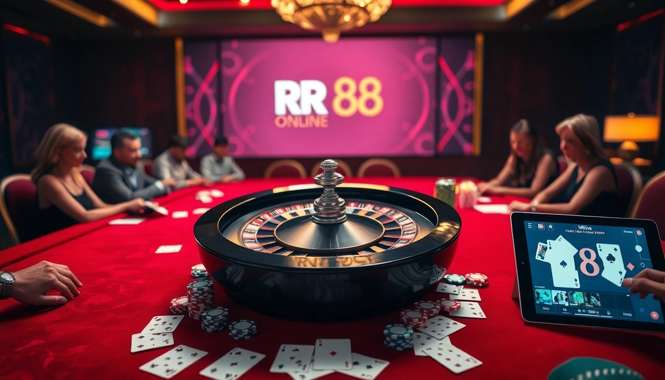 Experience the excitement of RR 88 at a vibrant casino table with poker chips and a spinning roulette wheel.