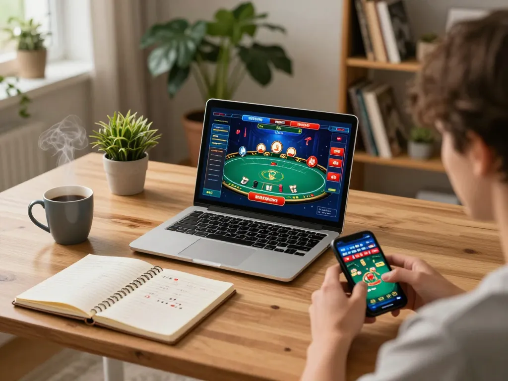 Engage with cm888 online games featuring a vibrant poker interface on a cozy home setup.