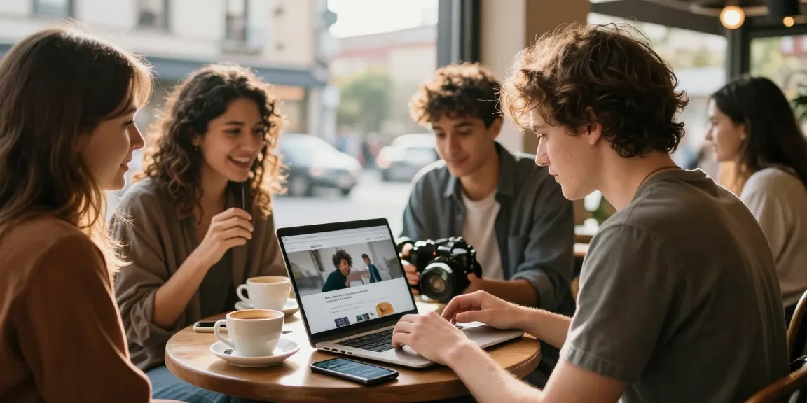 Young adult exploring NSFW content on laptop in urban café, surrounded by friends.