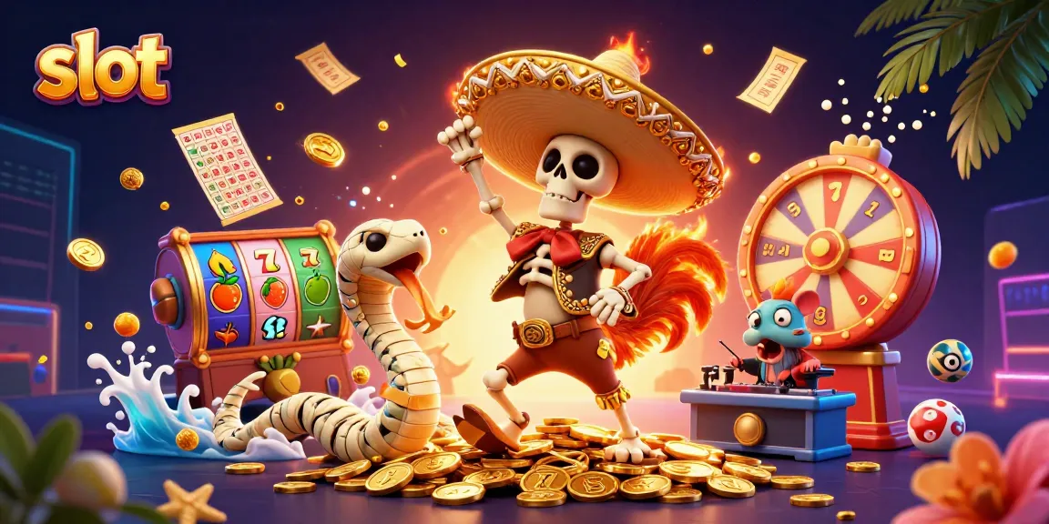 Permainan slot seru dengan karakter kartun 3D seperti ayam mariachi dan ular mummy, dikelilingi elemen permainan yang menarik.