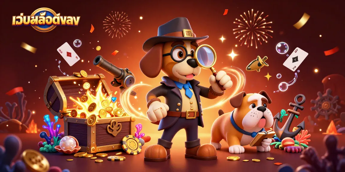 Experience the thrill of เว็บสล็อตตรง with this captivating casino-themed illustration featuring a detective duo uncovering treasures.