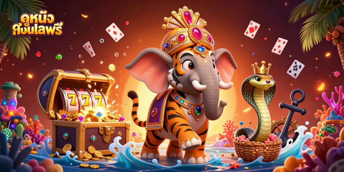 Experience ดูหนังออนไลน์ฟรี with a vibrant casino-themed illustration featuring an elephant and marhara, showcasing casino elements.