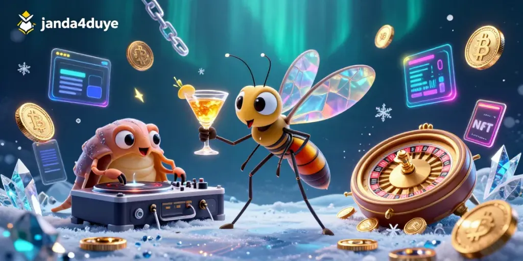 Gambarkan janda4duye yang bergerak dinamis sebagai maskot kasino dengan elemen slot dan koin crypto.