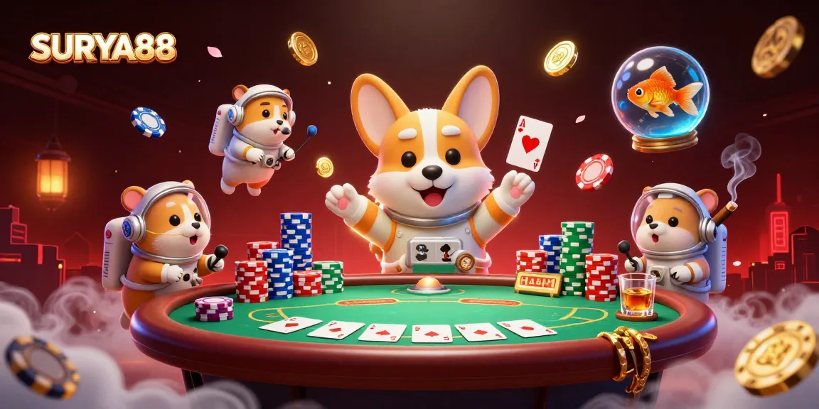 SURYA88 features a whimsical astronaut corgi in a casino scene filled with poker elements.