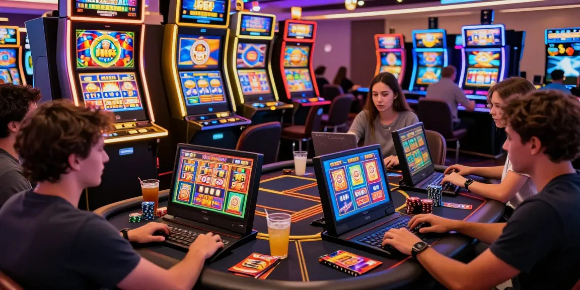 Exciting group of friends playing bonus buy slots on their devices in a lively casino.