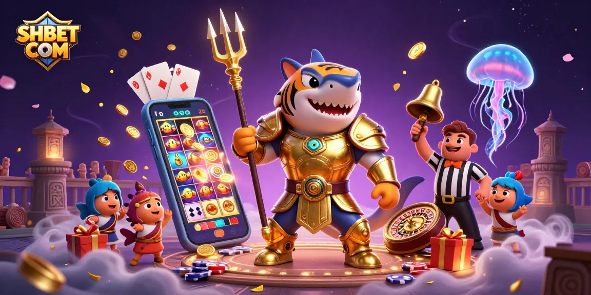 Place bets with SHBET COM in a vibrant underwater casino scene featuring dynamic gaming elements.