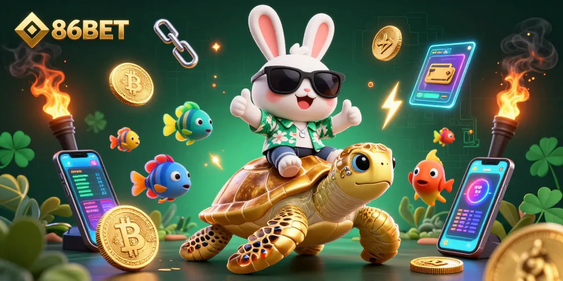 Join 86BET for thrilling casino adventures with cartoon characters in a vibrant 3D scene.