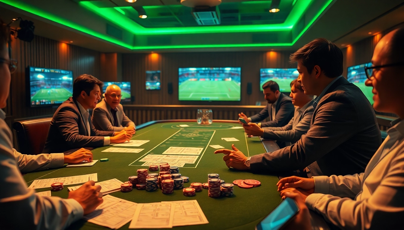 Applying เทคนิคแทงบอล strategies at a high-stakes football betting table filled with vibrant chips and betting slips.