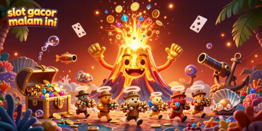 Mainkan slot gacor malam ini dengan gambar ilustrasi kasino bergaya 3D yang dinamis dan kaya warna.