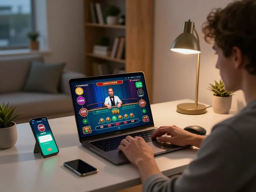 Player engaging with live dealer games on hm88 casino app in a modern, warm home setup.