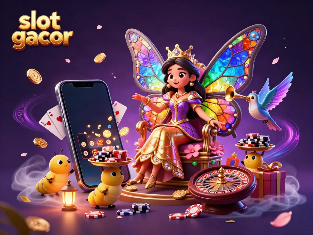 Experience the enchantment of slot gacor with a vibrant scene featuring a butterfly queen, casino elements, and dynamic gaming vibes.