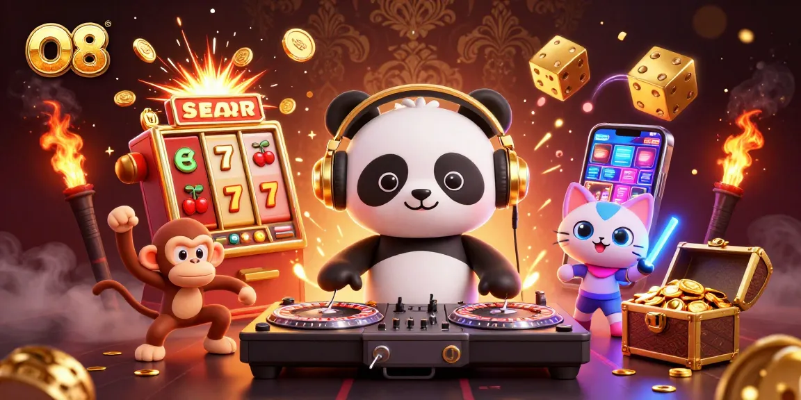 Experience dynamic gaming action at O8 with vibrant characters celebrating jackpots and gameplay.